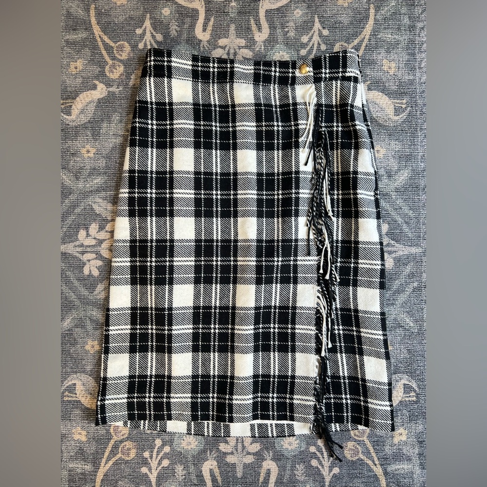 Talbots Black and White Plaid Wrap Pencil Skirt with Fringe